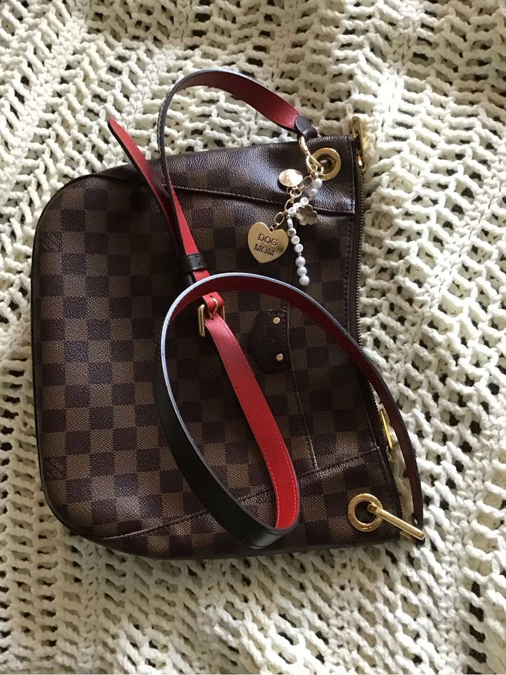 Louis Vuitton Brown Damier Crossbody Shoulder Bag with Red Strap Accents - Picture 8 of 16